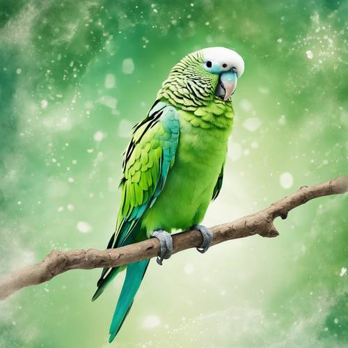 一隻美麗的長尾小鸚鵡用淺綠色水彩畫。