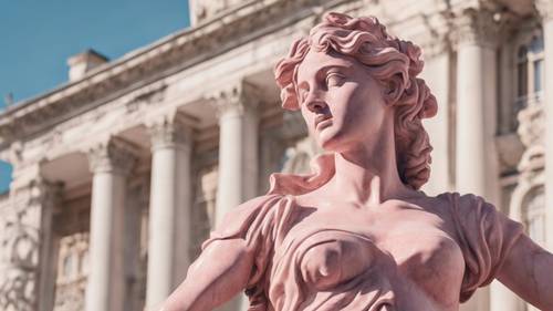 Eine majestätische Statue aus rosa Marmor steht an einem sonnigen Tag auf einem historischen Stadtplatz.