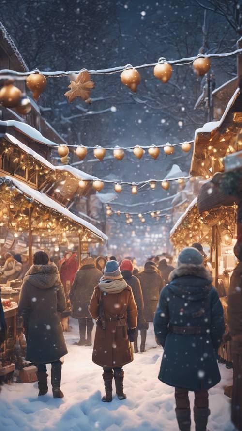 A lively anime Christmas market bustling with characters in winter clothing, the ground covered in snow and lights twinkling in the backdrop.