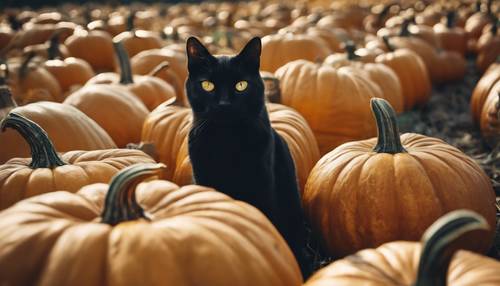 חתול שחור עם עיניים צהובות זוהרות מוסתרות בכתם דלעת.