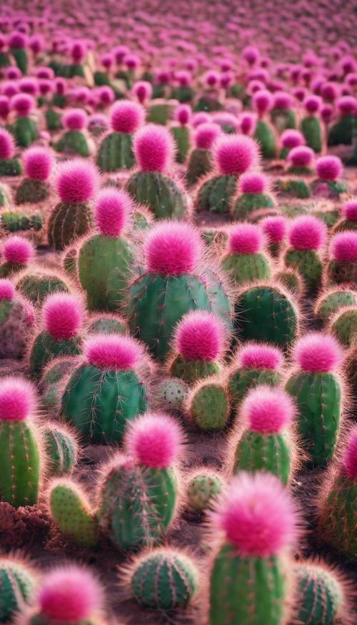 Una vasta pianura rosa con cactus verde brillante sparsi ovunque.