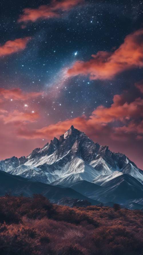 Yıldızlı gece gökyüzünün altında canlı, gerçeküstü bir dağ manzarası.
