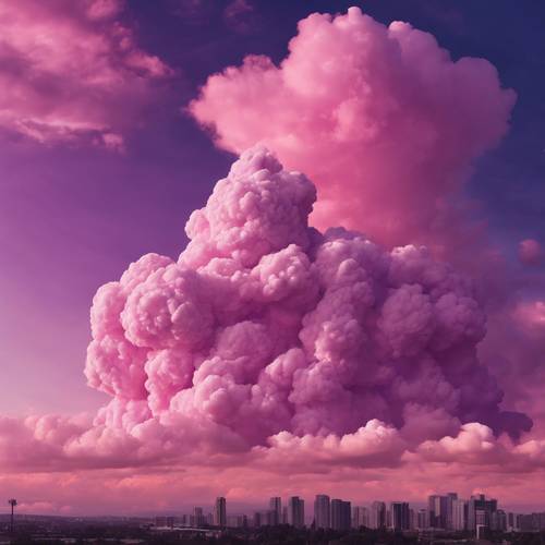 عدد كبير من السحب الوردية التي تشبه حلوى القطن تقف في مواجهة سماء أرجوانية مسائية.