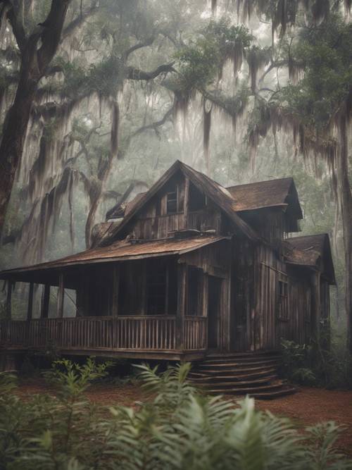 Klimatyczny widok na rustykalną chatę położoną w gęstych lasach Panhandle na Florydzie, spowitą poranną mgłą.