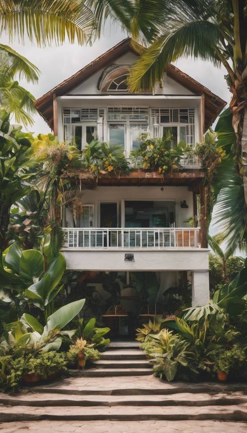 An enchanting beach house enveloped by vibrant tropical foliage.