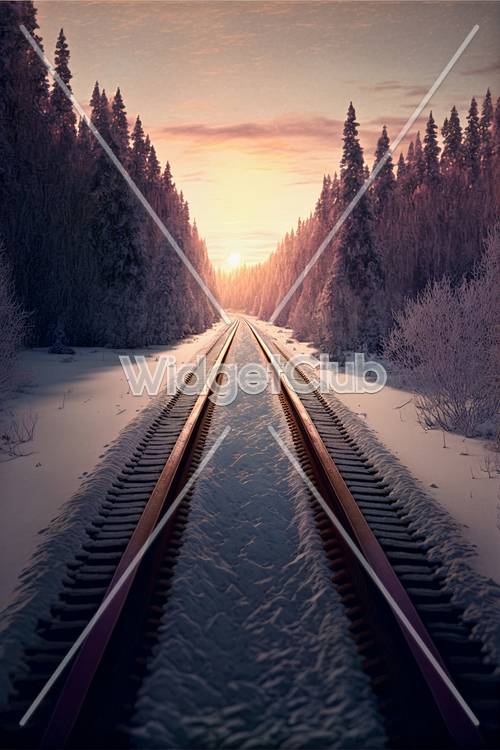 日の出に続く雪景色の鉄道の壁紙