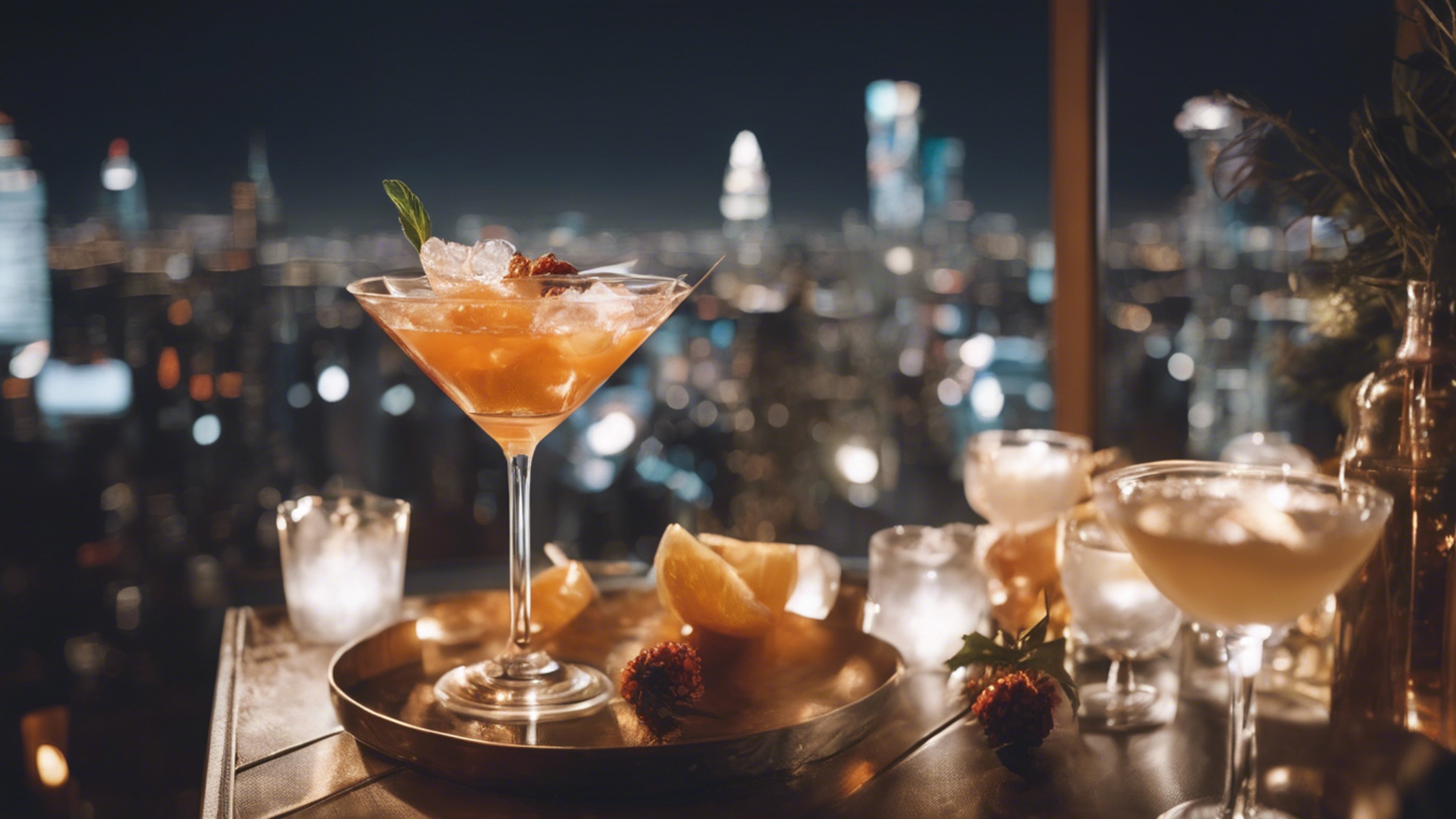 A chic cocktail party on a skyscraper's rooftop, twinkling city lights in the background. Wallpaper[1f77fbc1d16d40a8adab]