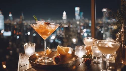 A chic cocktail party on a skyscraper's rooftop, twinkling city lights in the background.