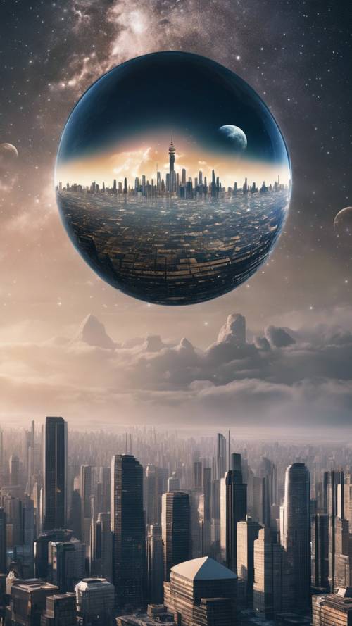 Sebuah kota di bawah kubah di bulan yang berbentuk terraform, dengan gedung pencakar langit yang mengintip ke luar dengan latar belakang kosmos.