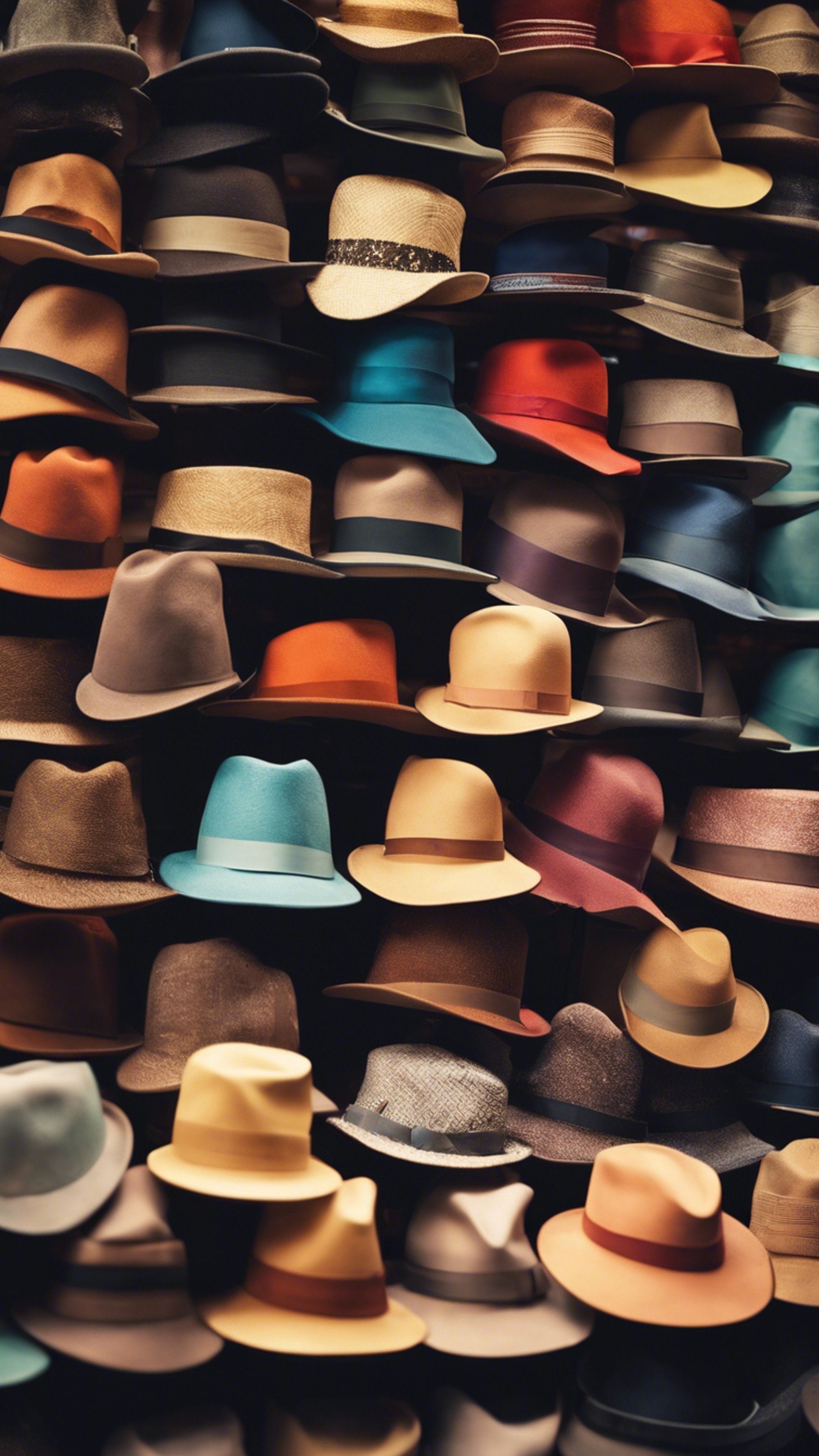 A vintage hat shop with rows of colorful hats lit by soft tungsten light. Wallpaper[1fc8a0055a0047beb9ef]