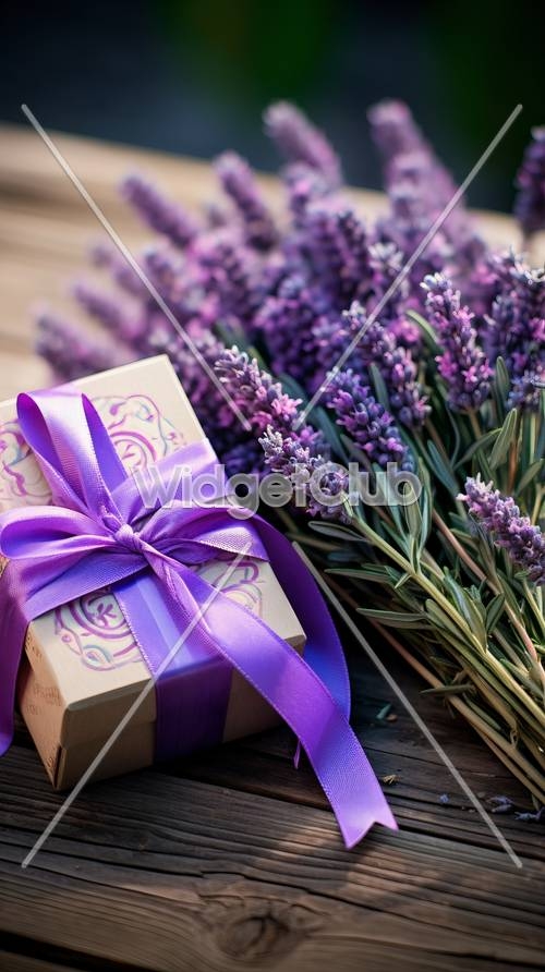 Lavender and Gift Box on Wooden Surface Wallpaper[fb000dd34a534d68ac0f]