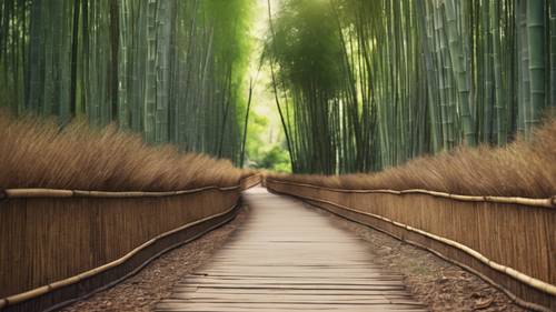 A tranquil bamboo forest path with a quote 'The journey of a thousand miles begins with a single step.'