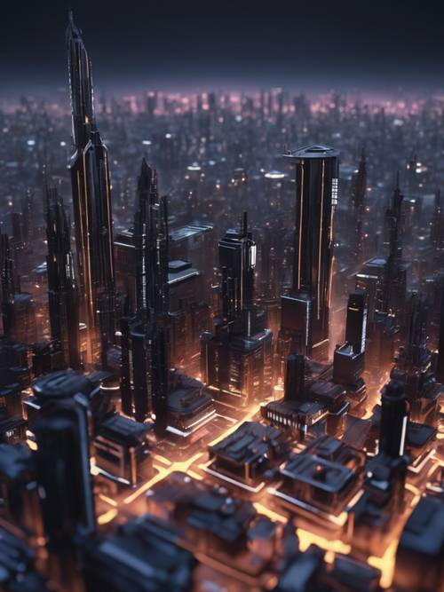 Uma imagem de uma paisagem urbana 3D futurista e preta com estruturas de alta tecnologia iluminadas no crepúsculo.