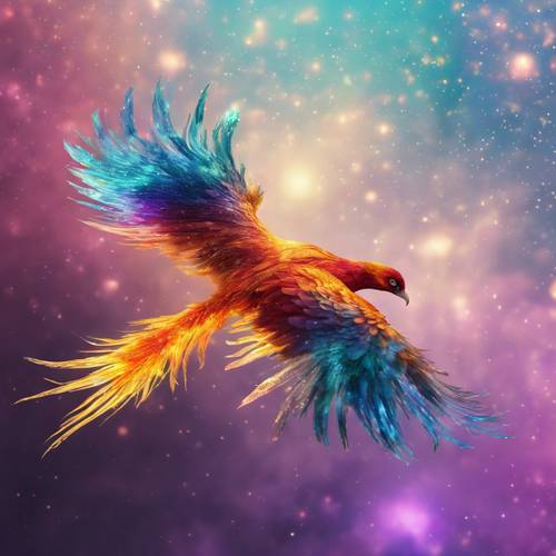 Burung phoenix semi transparan sedang terbang, memantulkan cahaya pelangi dari nebula jauh di angkasa.