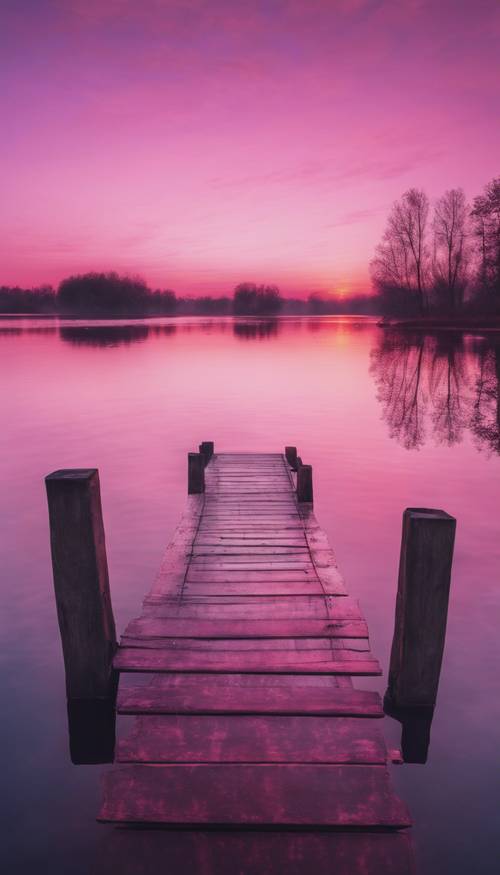 Ein surrealer Sonnenaufgang in Rosa- und Lilatönen über einem ruhigen See.