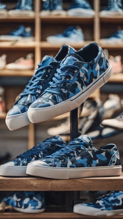 Blue camo pattern sneakers sitting on a wooden shelf in a stylish sneaker shop.