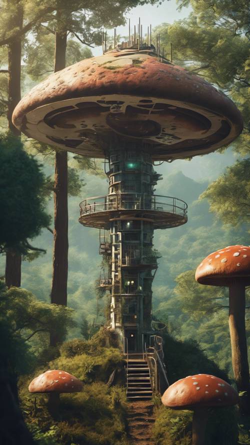 Uma torre de vigia futurista com vista para um vale alienígena exuberante repleto de imponentes florestas de cogumelos.