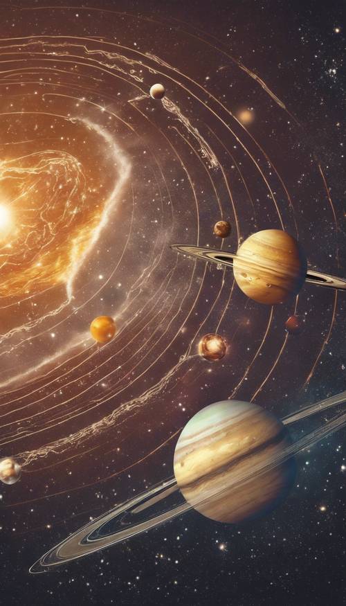 배경에 반짝이는 별들이 있는 태양계의 빈티지 스타일 포스터입니다.