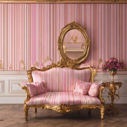 A gold and pink stripe patterned wallpaper adding decadence to a baroque styled room.