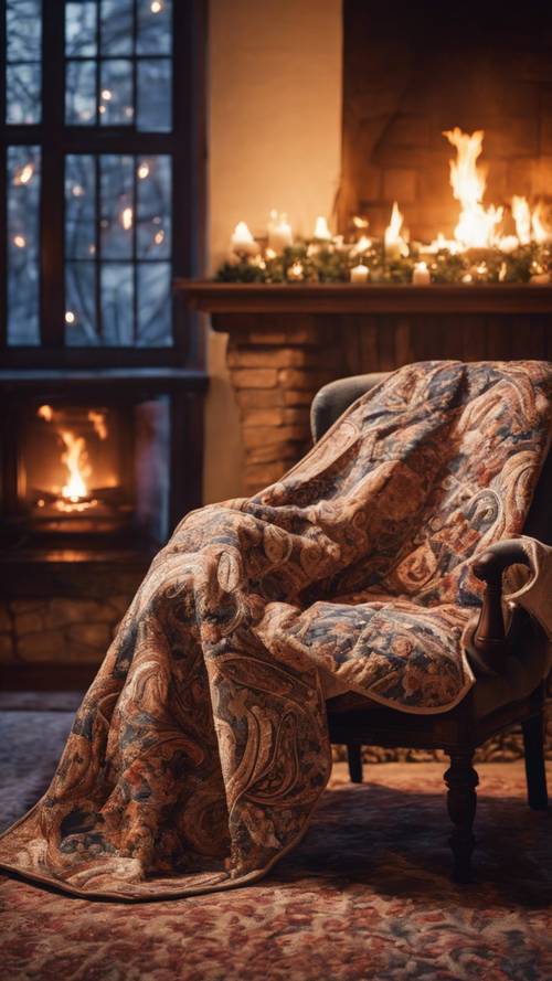 Eine elegante Steppdecke im Paisleymuster, die in einer kalten Winternacht über einem Lesesessel mit hoher Rückenlehne neben einem prasselnden Kaminfeuer hängt.