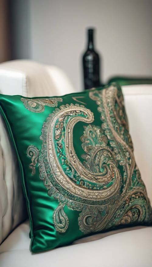 Uma almofada estampada com paisley verde-garrafa em um sofá de couro branco.