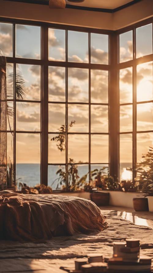 Ein ruhiges Schlafzimmer im Boho-Stil mit einem großen Fenster mit Blick auf einen wunderschönen Sonnenuntergang.