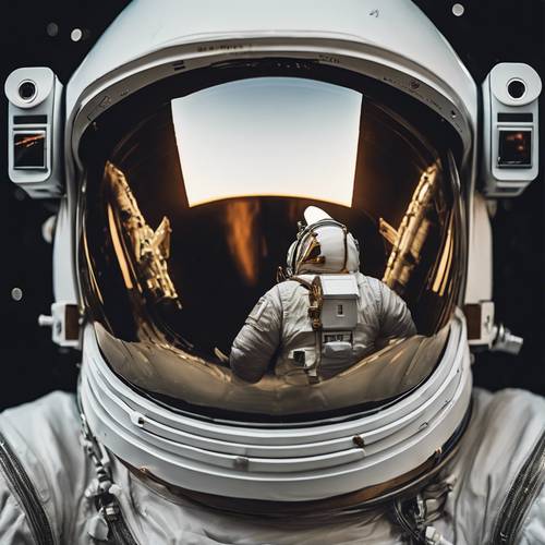 ภาพระยะใกล้ของกระบังหน้าของนักบินอวกาศที่สะท้อนกระสวยอวกาศ