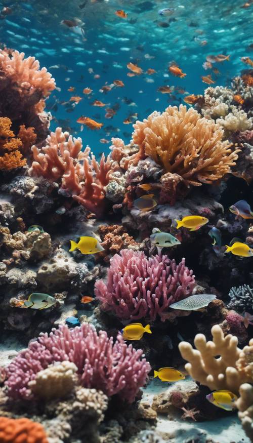 Um vibrante recife de corais sob águas cristalinas do oceano, repleto de uma variedade de peixes coloridos