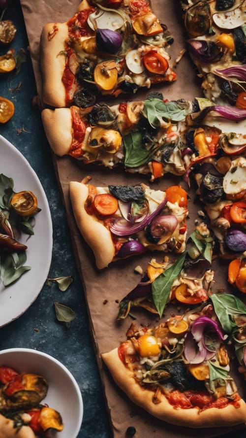 Eine handwerklich hergestellte vegane Pizza mit buntem Röstgemüse und milchfreiem Käse auf einem glutenfreien Boden.