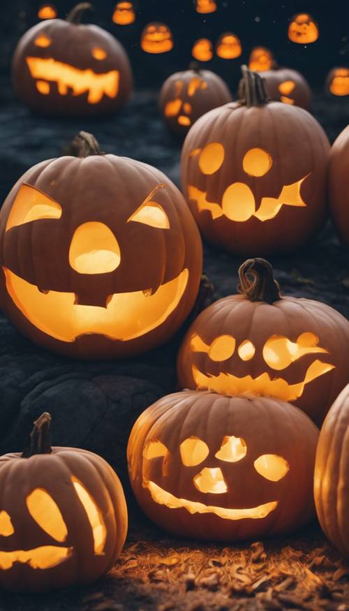 A group of rounded rotund pumpkins with childish, charming faces carved onto them, glowing in harmony under the cool October night sky.