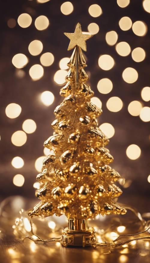 Una decorazione per l&#39;albero di Natale color oro metallizzato, che riflette le calde luci dell&#39;albero.