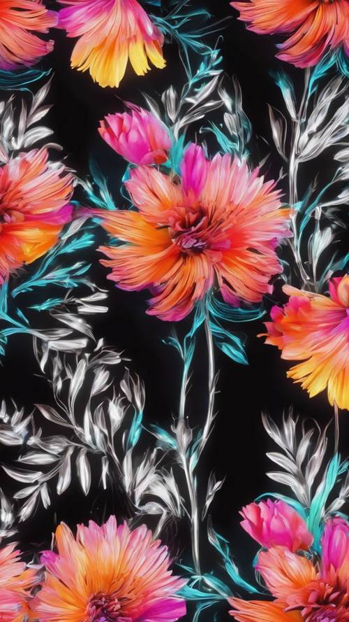 Siyah bir arka plan üzerinde parlak, neon renkli çiçeklerden oluşturulan çarpıcı çiçek şeritli desen.