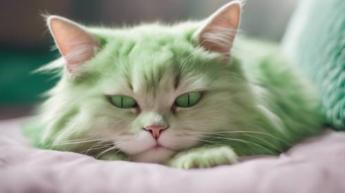 Seekor kucing kawaii kecil dengan bulu hijau pastel sedang tidur siang di atas bantal empuk yang lembut.