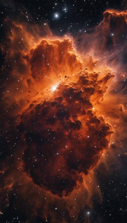 Uma nebulosa laranja vibrante e oscilante no meio de uma galáxia escura e repleta de estrelas.