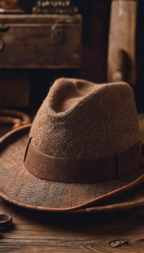 A hunting hat made of brown, plaid wool on a wooden table.