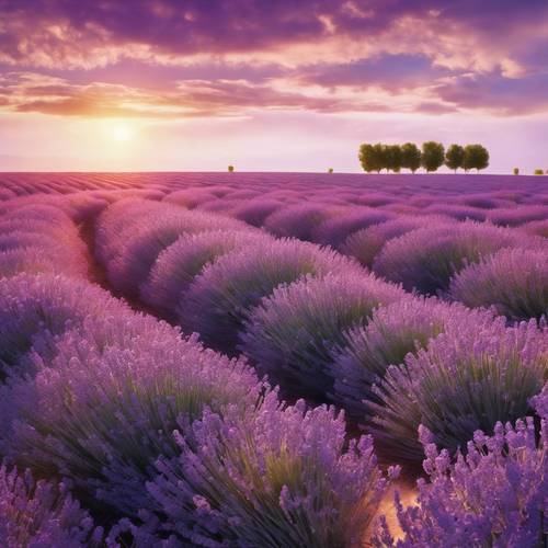 A surreal lavender field, swaying rhythmically under the balmy afternoon breeze, painted by the last rays of the setting sun.