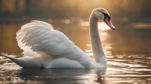 A graceful swan floating on a tranquil pond under a hazy afternoon sunlight.