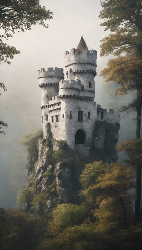 Un vieux château en pierre blanche niché dans une forêt dense et brumeuse.
