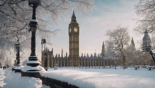 Uma cena branca de inverno em Londres, com a icônica torre do Big Ben ao fundo coberta por uma camada de neve fresca.