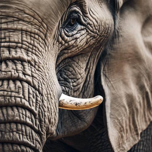 Gri bir filin hortumunun ve dişlerinin detaylı yakın çekimi.