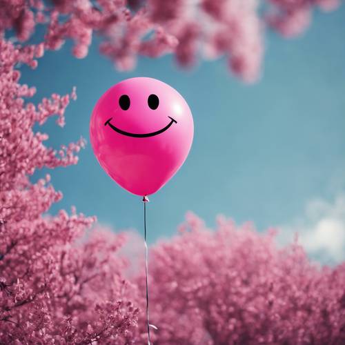 A hot pink balloon with a cute smiley face floating in a blue sky.