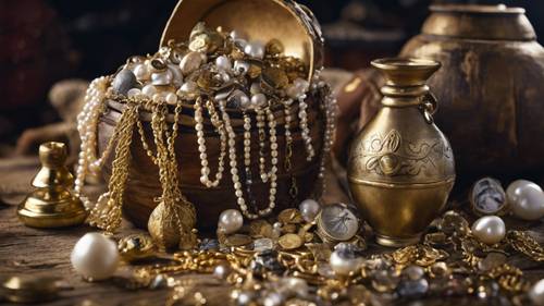 Il bottino di un pirata: perle, gioielli, monete d&#39;oro e calici, che fuoriescono da un sacco logoro.