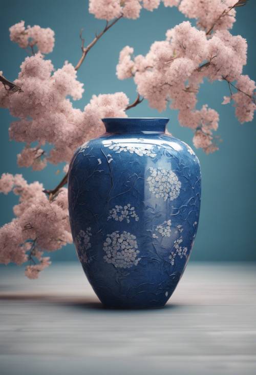 帶有花卉印花的 3D 日本藍色陶瓷花瓶的渲染。