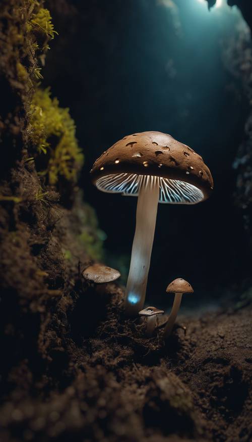 Jamur gelap dengan sifat bioluminescent bersinar di gua bawah tanah yang gelap gulita. Wallpaper [0cd45dcce7f3481b88be]