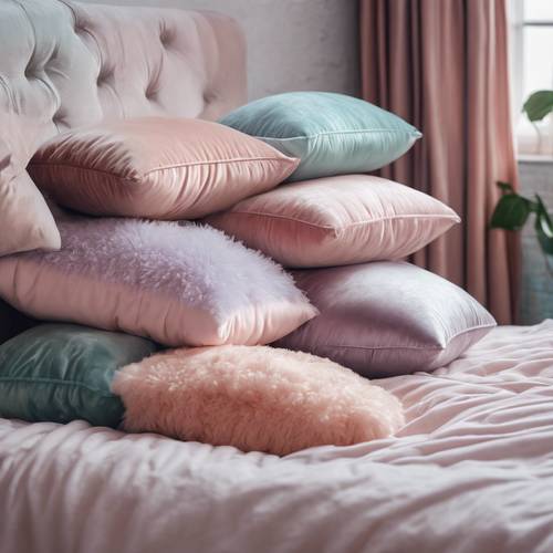 Sekelompok bantal beludru indah dalam warna pastel berbeda bertumpuk di atas tempat tidur empuk di kamar remaja trendi