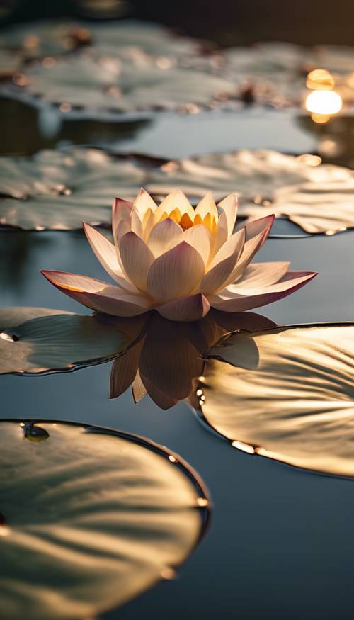 금빛 햇살이 수면에서 춤추는 가운데 잔잔한 연못 위에 고요히 떠다니는 기하학적인 연꽃 한 송이.