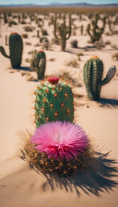 منظر جوي لزهرة صحراوية نادرًا ما تُرى، حيث يغطي نبات الصبار المدبس الرمال على مد البصر.