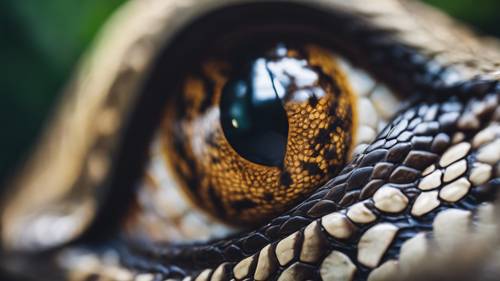 A detailed macro image of a python's eye, reflecting its jungle surroundings.