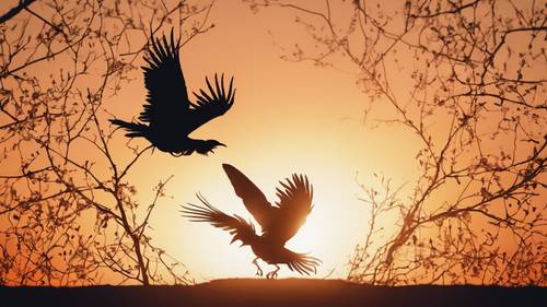 A pair of phoenix birds, locked in a tango mid-air, silhouetted again the orange glow of a setting, sun.