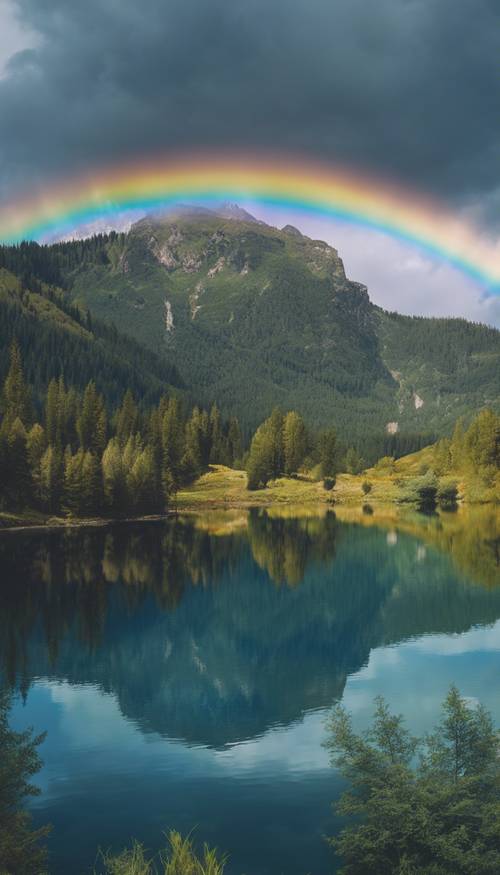 深藍色彩虹倒映在高山湖泊平靜的水面上，令人著迷。
